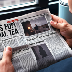 **A person reading a newspaper with a cup of tea in the morning, with a modern smartphone displaying news headlines in the background. The scene should illustrate the contrast between traditional and digital media consumption.**