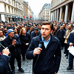 **Independent Journalism:** A journalist bravely reporting in a bustling city square, holding a microphone, with a diverse crowd listening attentively. The scene emphasizes transparency and government accountability.