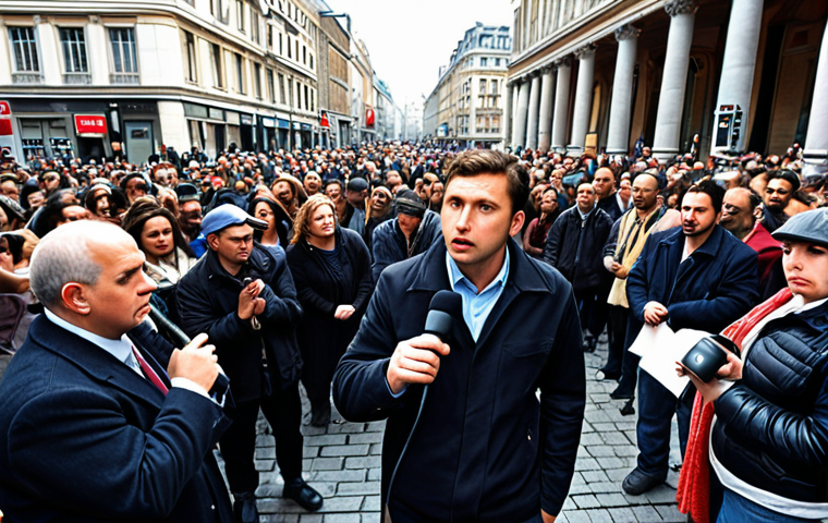 **Independent Journalism:** A journalist bravely reporting in a bustling city square, holding a microphone, with a diverse crowd listening attentively. The scene emphasizes transparency and government accountability.