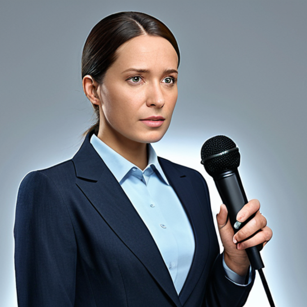 "A professional journalist in a modest outfit, holding a microphone, reporting news in a modern studio, fully clothed, appropriate attire, safe for work, perfect anatomy, natural proportions, serious expression, family-friendly."