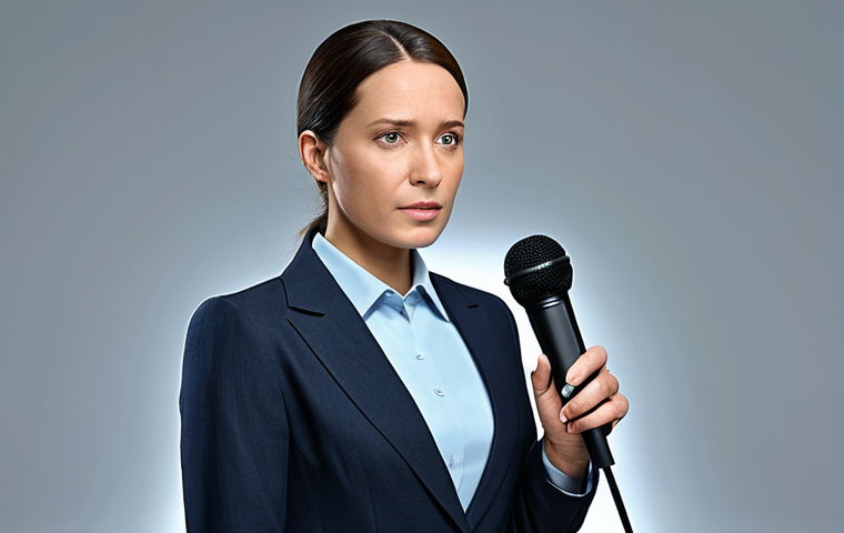 "A professional journalist in a modest outfit, holding a microphone, reporting news in a modern studio, fully clothed, appropriate attire, safe for work, perfect anatomy, natural proportions, serious expression, family-friendly."