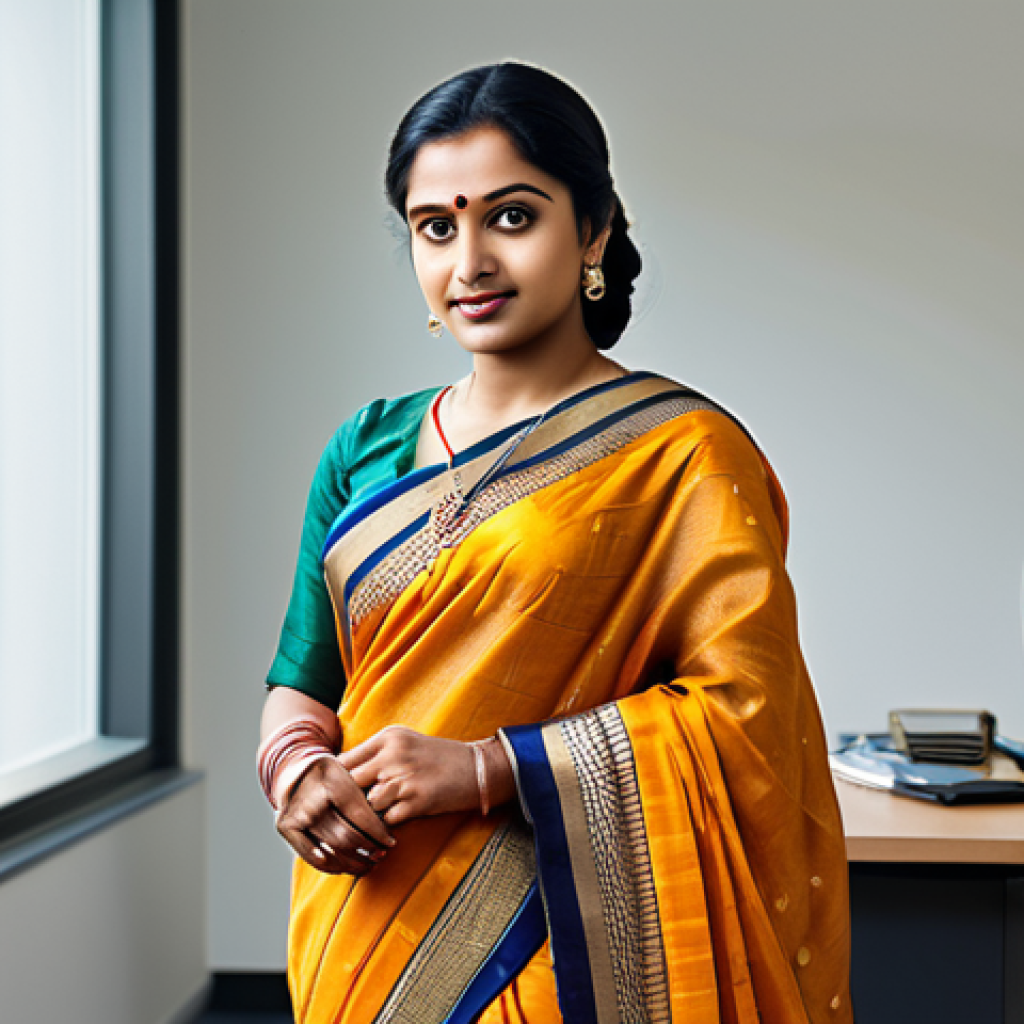 A professional Bengali woman in a modest, traditional saree, standing in a modern office setting.  Fully clothed, appropriate attire, safe for work, perfect anatomy, natural proportions, professional. The saree should be elegantly draped. Focus on a warm and welcoming expression.