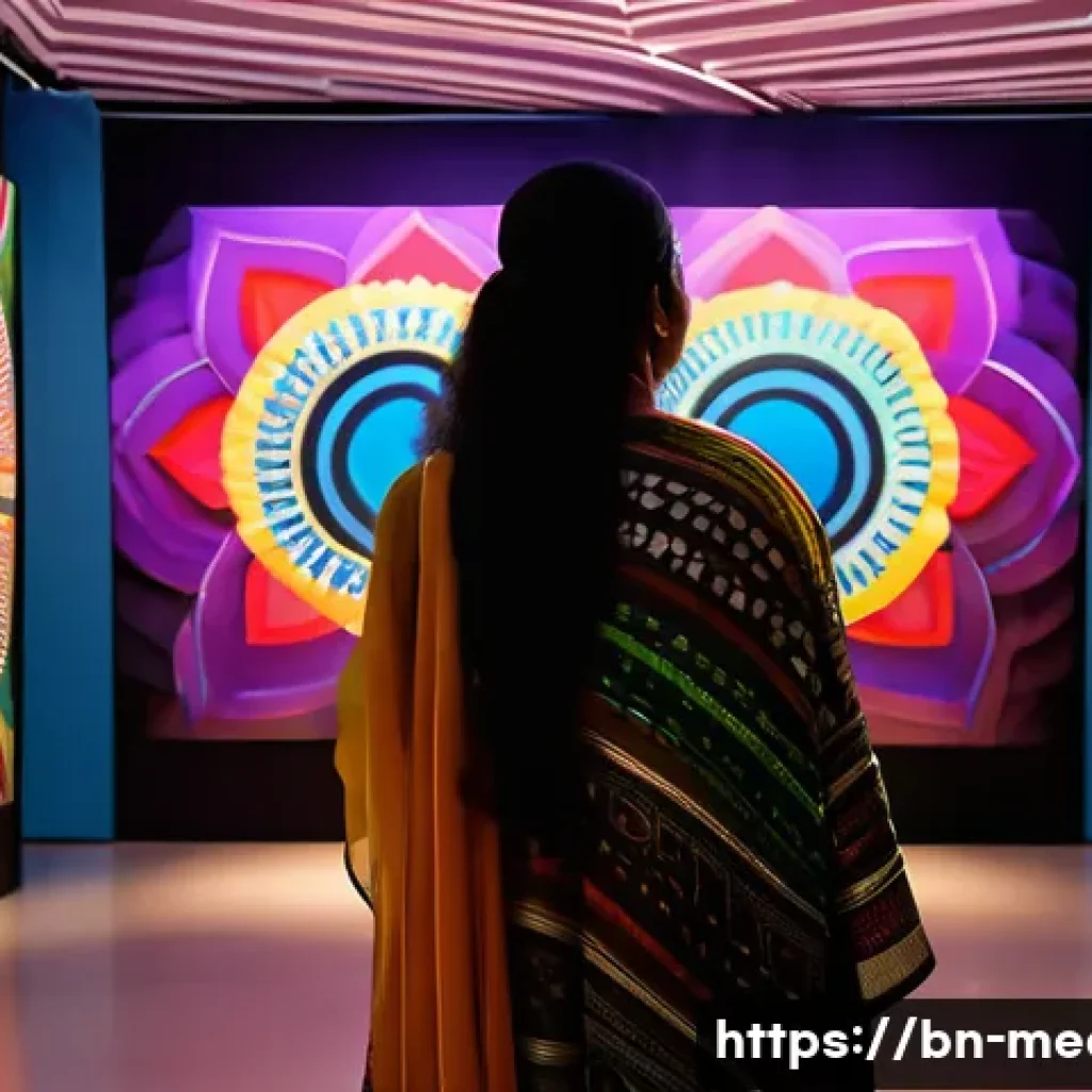 미디어 아트 - A vibrant digital media art exhibition showcasing an interactive installation where diverse Bengali ...
