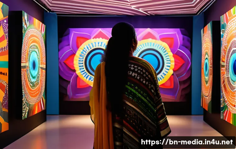 미디어 아트 - A vibrant digital media art exhibition showcasing an interactive installation where diverse Bengali ...