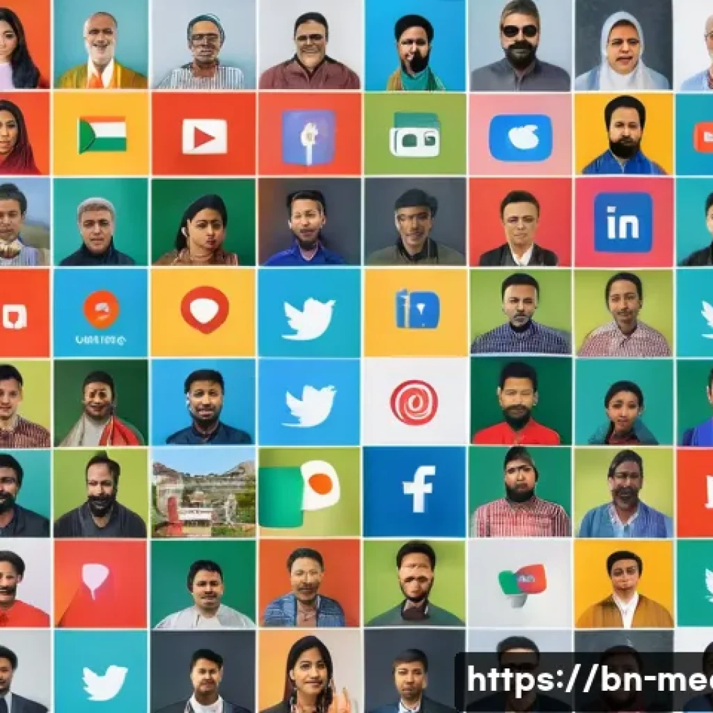 소셜미디어 연구 - A vibrant digital collage depicting the diverse social media platforms popular in Bangladesh, featur...