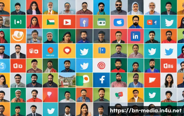 소셜미디어 연구 - A vibrant digital collage depicting the diverse social media platforms popular in Bangladesh, featur...