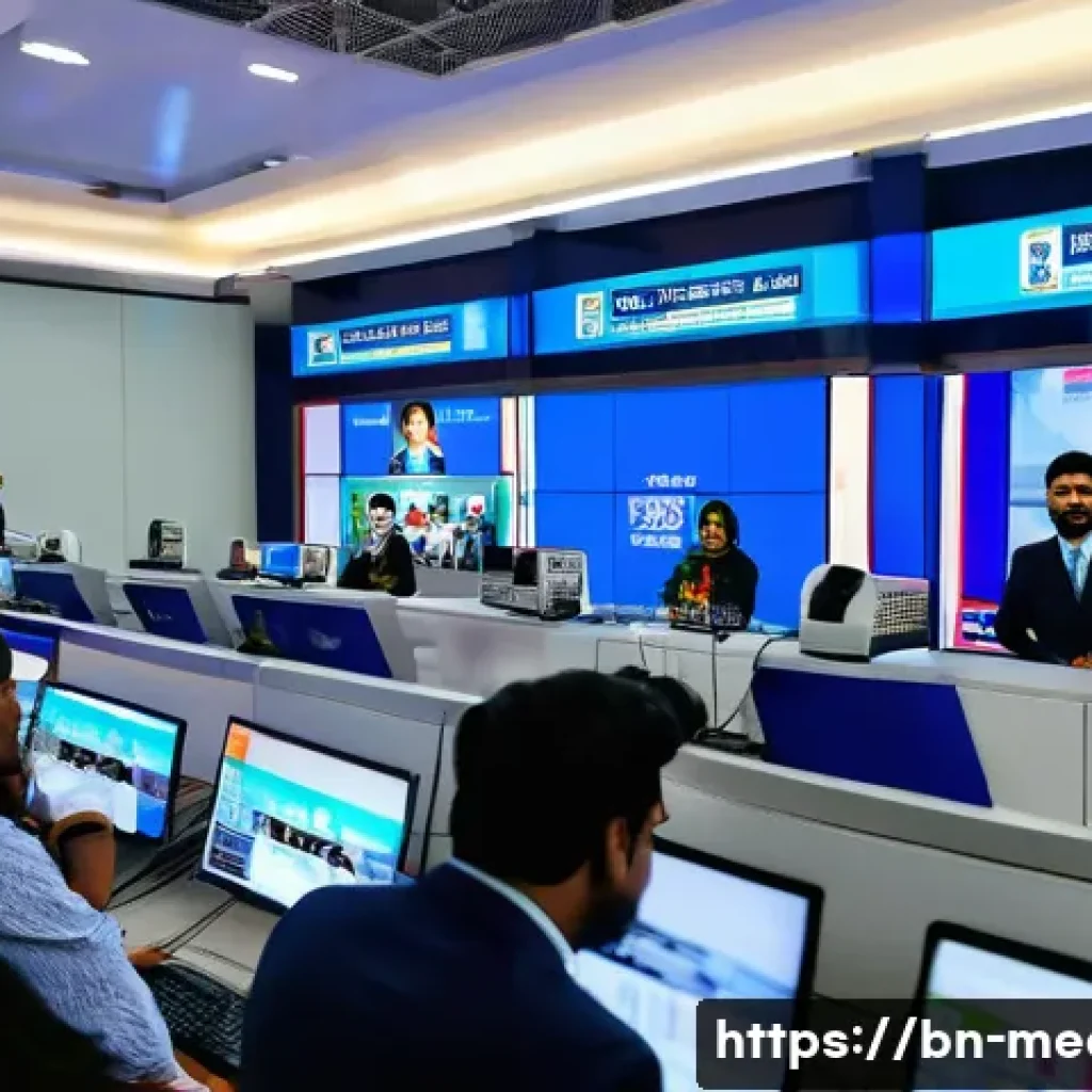 미디어와 민주주의 이론 - A vibrant newsroom scene in Bangladesh showing diverse Bengali journalists at work, including a fema...
