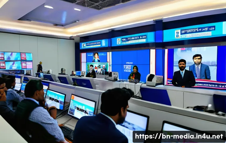 미디어와 민주주의 이론 - A vibrant newsroom scene in Bangladesh showing diverse Bengali journalists at work, including a fema...