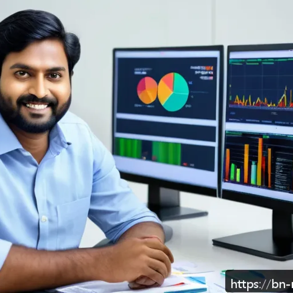 미디어 분석 기법 - A detailed digital media analyst workspace featuring a Bengali man in his 30s wearing casual office ...
