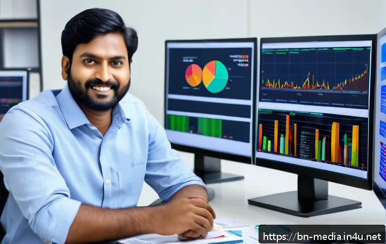 미디어 분석 기법 - A detailed digital media analyst workspace featuring a Bengali man in his 30s wearing casual office ...