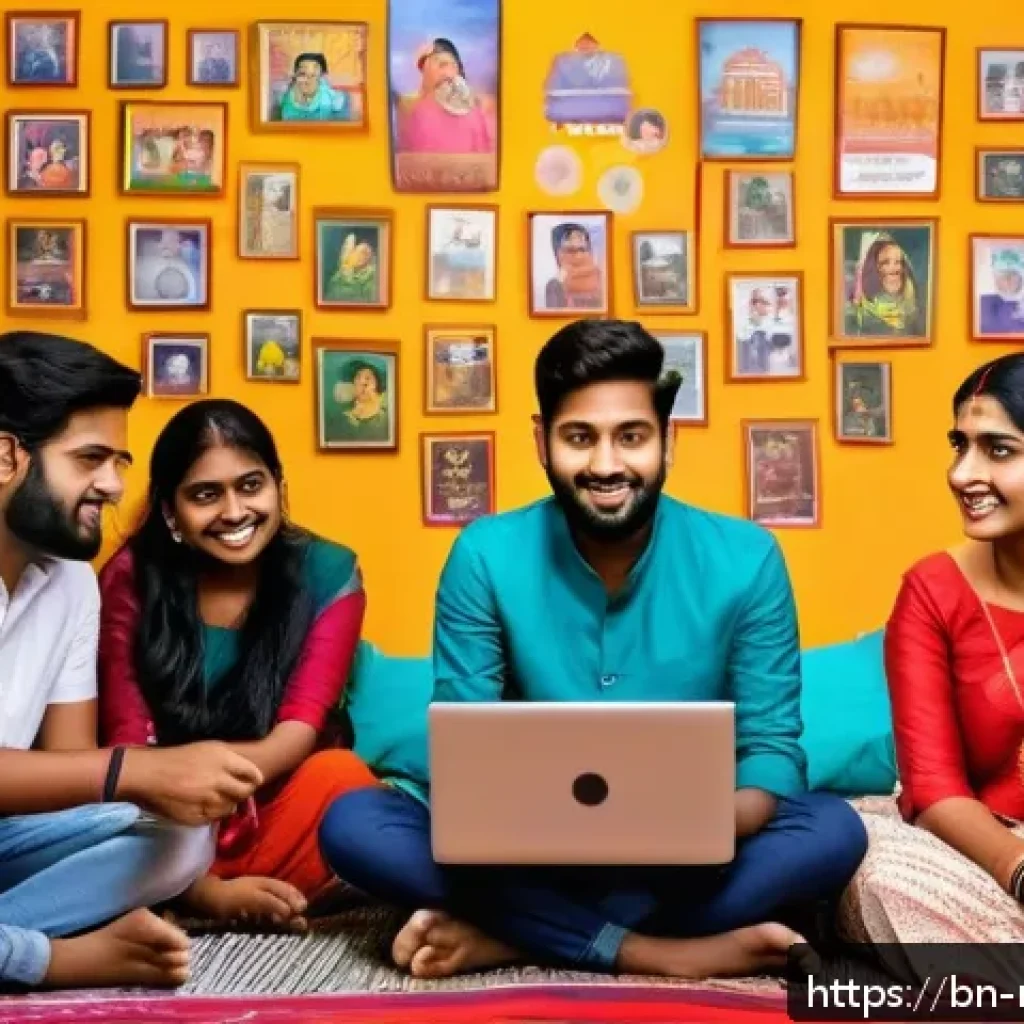 미디어와 시민 사회 - A vibrant digital scene showing diverse Bengali young adults actively engaging on social media platf...