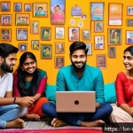 미디어와 시민 사회 - A vibrant digital scene showing diverse Bengali young adults actively engaging on social media platf...