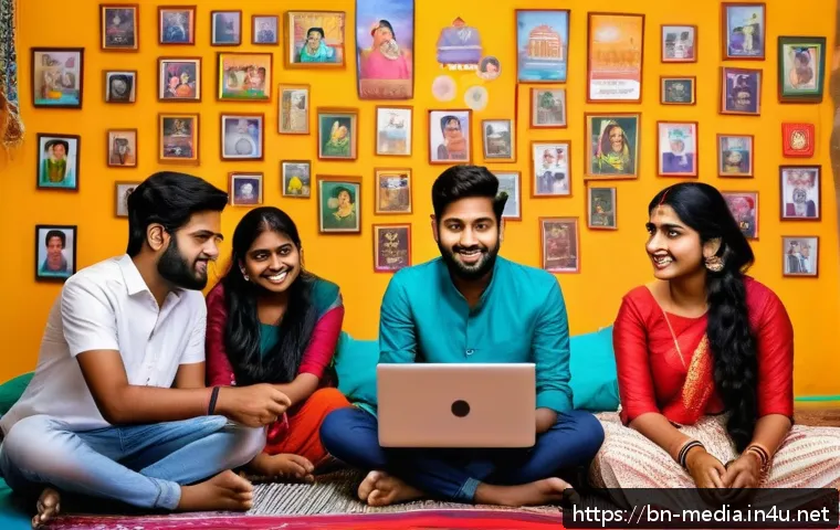 미디어와 시민 사회 - A vibrant digital scene showing diverse Bengali young adults actively engaging on social media platf...