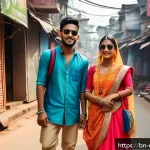 미디어와 패션 - A vibrant street fashion scene in a bustling Bangladeshi city, featuring young men and women wearing...