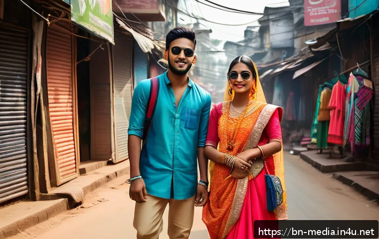 미디어와 패션 - A vibrant street fashion scene in a bustling Bangladeshi city, featuring young men and women wearing...