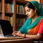 미디어와 심리학 - A thoughtful Bengali woman in her early 30s sitting at a traditional wooden desk in a cozy room fill...