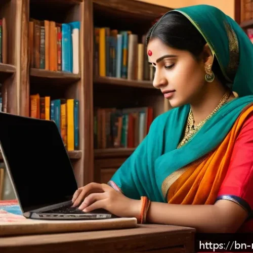 미디어와 심리학 - A thoughtful Bengali woman in her early 30s sitting at a traditional wooden desk in a cozy room fill...