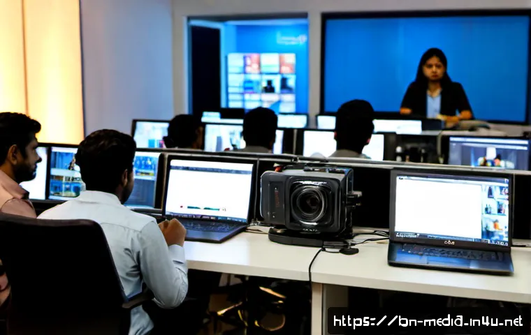 미디어 산업의 경쟁 - Photorealistic modern newsroom in Dhaka, Bangladesh, two competing media teams working at separate s...