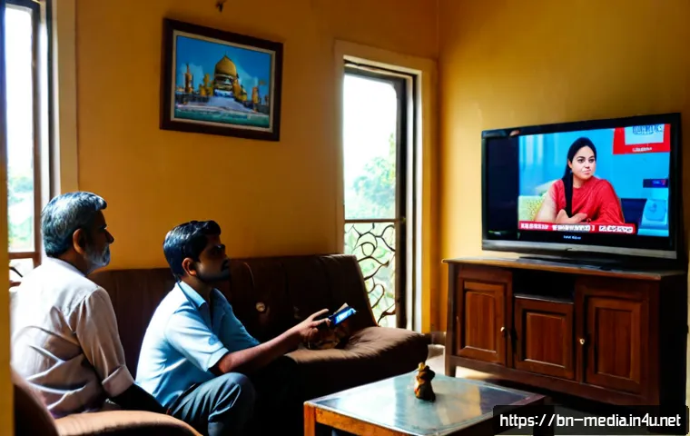 미디어와 사회적 영향력 - Photorealistic documentary-style scene in a bright Dhaka family living room, three generations watch...